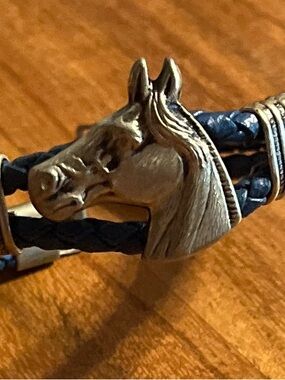 Men's Braided Leather Bracelet with Horse Head Accent - Blue